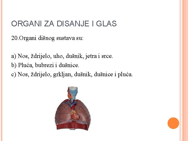 ORGANI ZA DISANJE I GLAS 20. Organi dišnog sustava su: a) Nos, ždrijelo, uho,