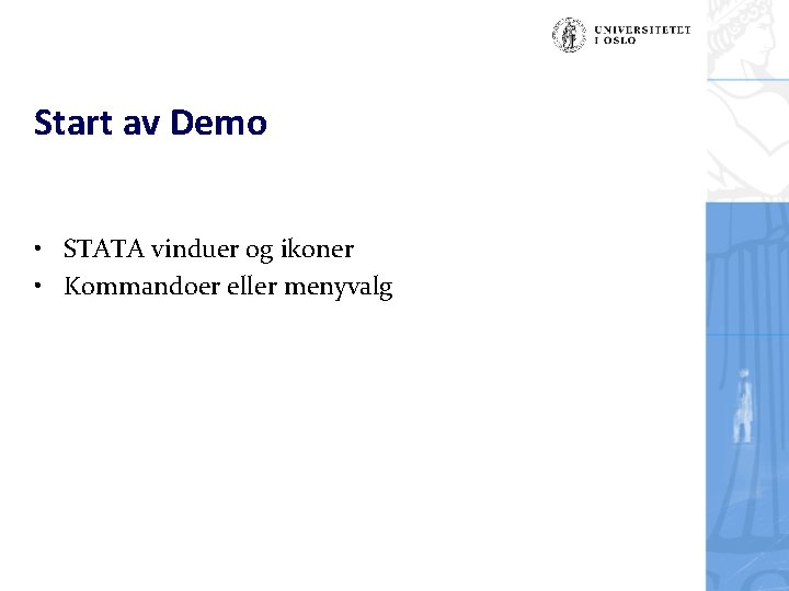 Start av Demo • STATA vinduer og ikoner • Kommandoer eller menyvalg 