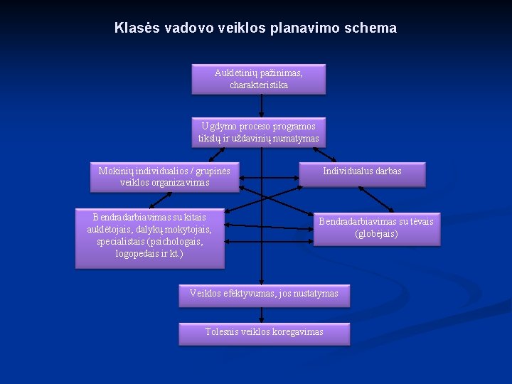 Klasės vadovo veiklos planavimo schema Auklėtinių pažinimas, charakteristika Ugdymo proceso programos tikslų ir uždavinių