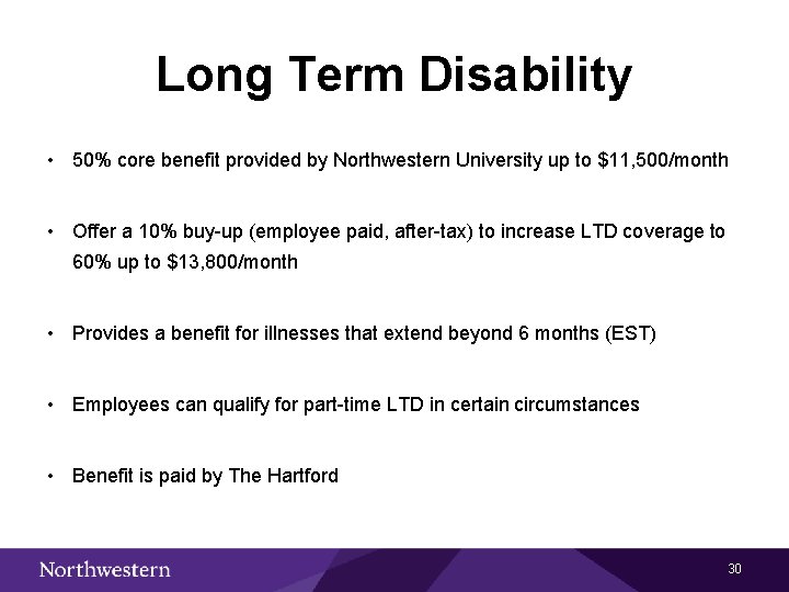 Long Term Disability • 50% core benefit provided by Northwestern University up to $11,