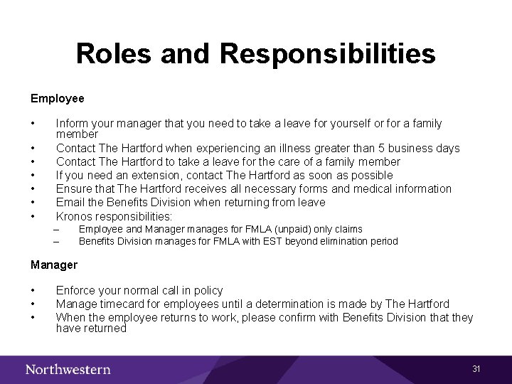 Roles and Responsibilities Employee • • Inform your manager that you need to take