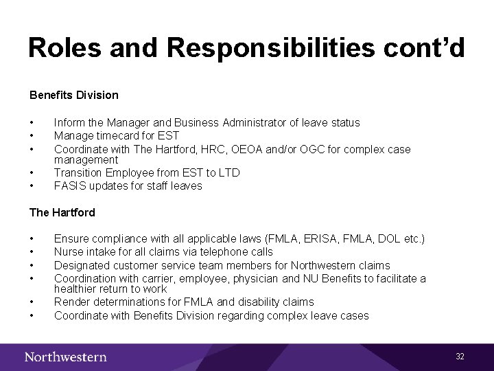 Roles and Responsibilities cont’d Benefits Division • • • Inform the Manager and Business