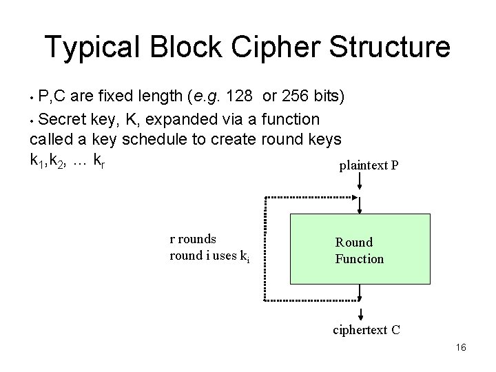 Typical Block Cipher Structure P, C are fixed length (e. g. 128 or 256