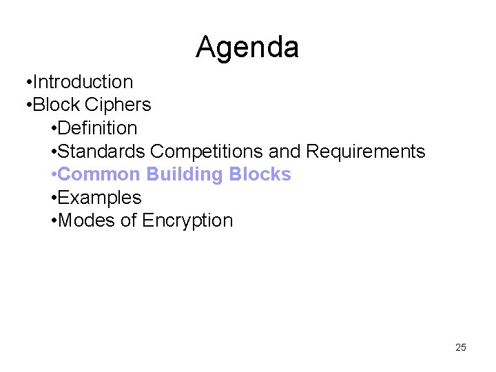 Agenda • Introduction • Block Ciphers • Definition • Standards Competitions and Requirements •