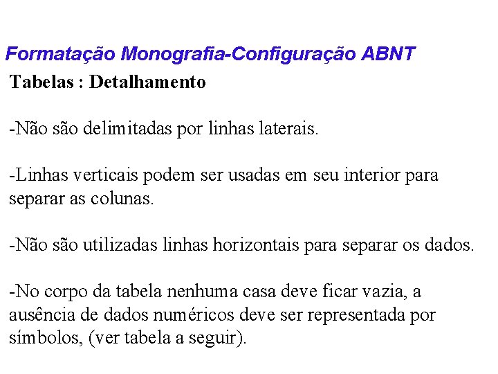 Formatação Monografia-Configuração ABNT Tabelas : Detalhamento -Não são delimitadas por linhas laterais. -Linhas verticais