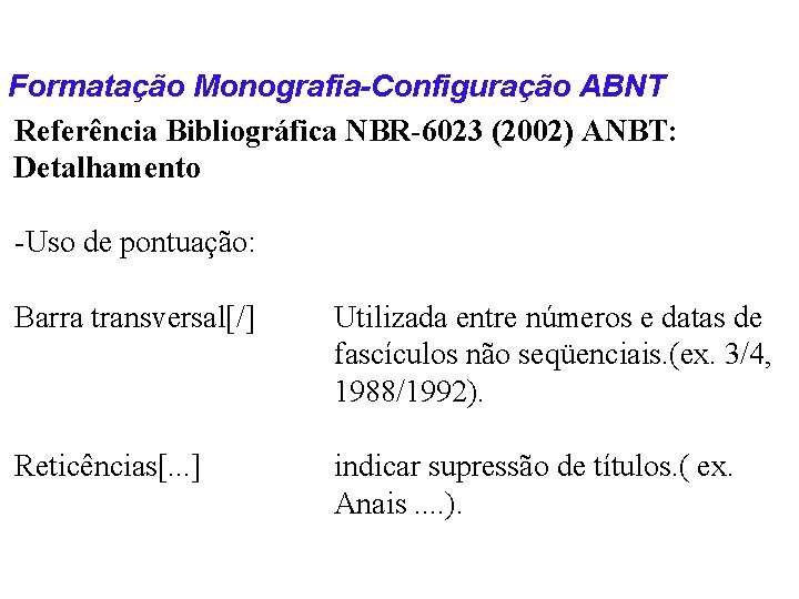 Formatação Monografia-Configuração ABNT Referência Bibliográfica NBR-6023 (2002) ANBT: Detalhamento -Uso de pontuação: Barra transversal[/]