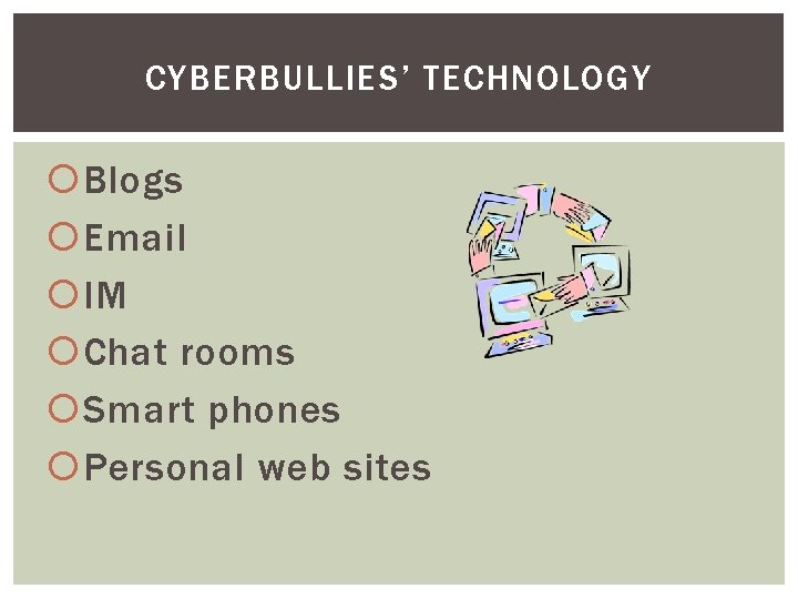 CYBERBULLIES’ TECHNOLOGY Blogs Email IM Chat rooms Smart phones Personal web sites 