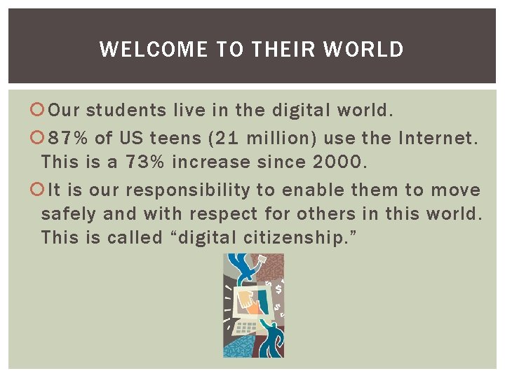 WELCOME TO THEIR WORLD Our students live in the digital world. 87% of US