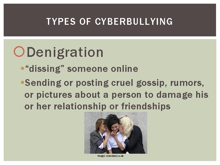 TYPES OF CYBERBULLYING Denigration § “dissing” someone online § Sending or posting cruel gossip,