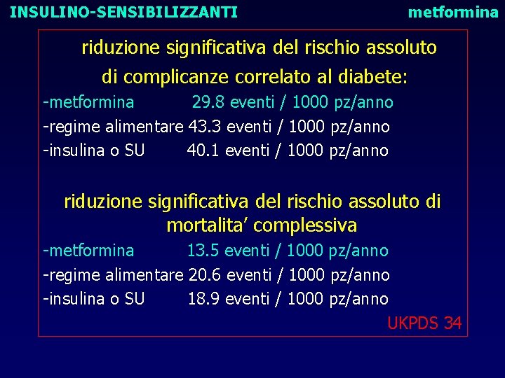 INSULINO-SENSIBILIZZANTI metformina riduzione significativa del rischio assoluto di complicanze correlato al diabete: -metformina 29.