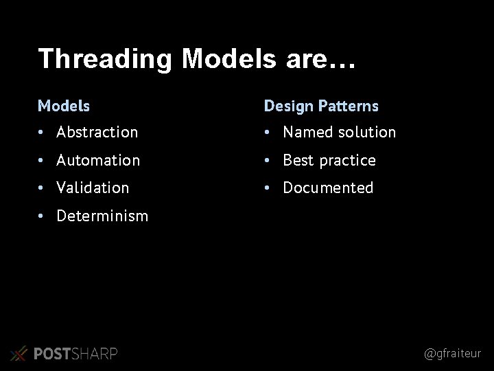 Threading Models are… Models Design Patterns • Abstraction • Named solution • Automation • Threading Models are… Models Design Patterns • Abstraction • Named solution • Automation •