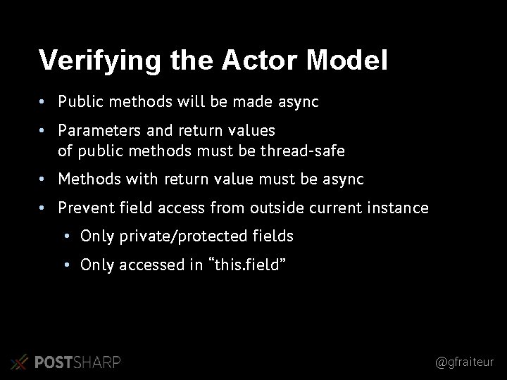 Verifying the Actor Model • Public methods will be made async • Parameters and Verifying the Actor Model • Public methods will be made async • Parameters and
