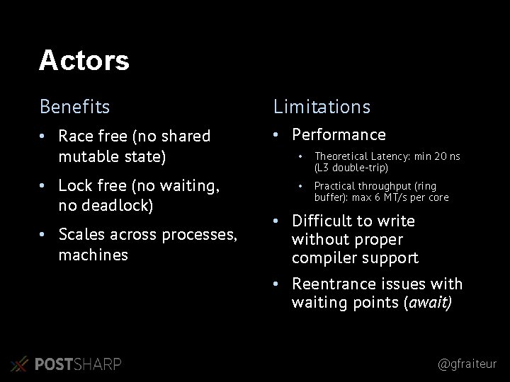 Actors Benefits Limitations • Race free (no shared mutable state) • Performance • Lock Actors Benefits Limitations • Race free (no shared mutable state) • Performance • Lock