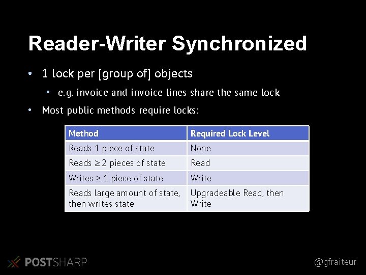 Reader-Writer Synchronized • 1 lock per [group of] objects • e. g. invoice and