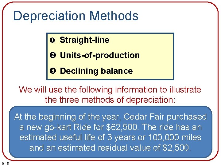 Depreciation Methods Straight-line Units-of-production Declining balance We will use the following information to illustrate