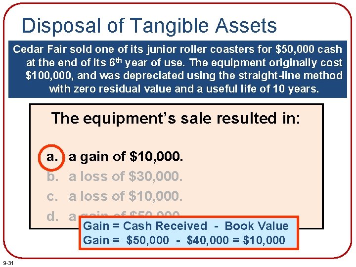 Disposal of Tangible Assets Cedar Fair sold one of its junior roller coasters for