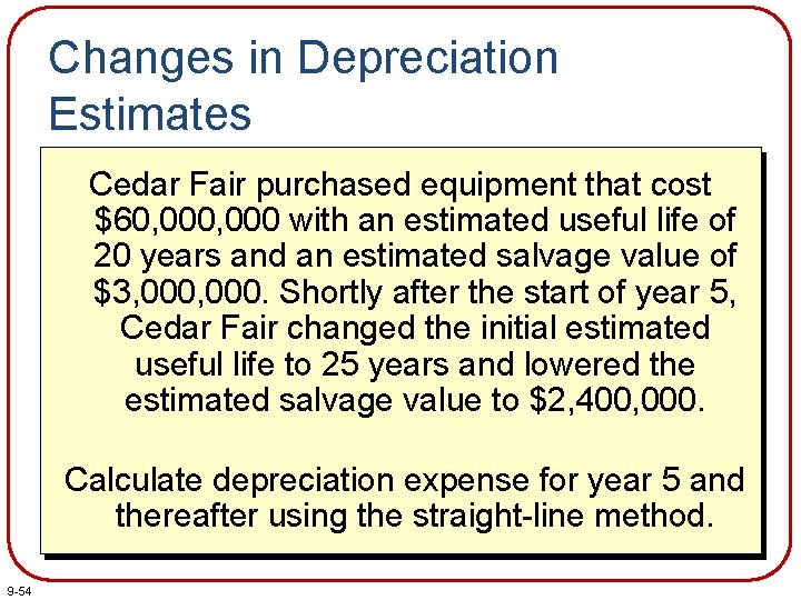 Changes in Depreciation Estimates Cedar Fair purchased equipment that cost $60, 000 with an