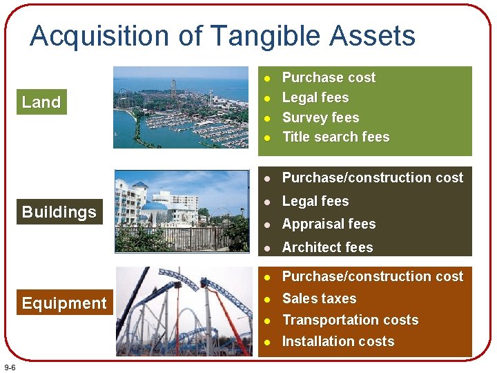 Acquisition of Tangible Assets l Purchase cost Legal fees Survey fees Title search fees