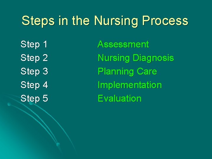 Steps in the Nursing Process Step 1 Step 2 Step 3 Step 4 Step