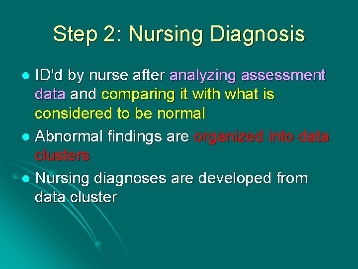 Step 2: Nursing Diagnosis ID’d by nurse after analyzing assessment data and comparing it