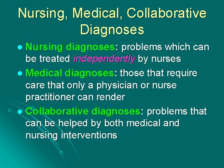 Nursing, Medical, Collaborative Diagnoses Nursing diagnoses: problems which can be treated independently by nurses