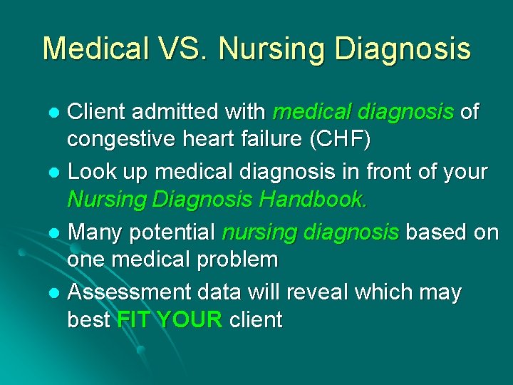 Medical VS. Nursing Diagnosis Client admitted with medical diagnosis of congestive heart failure (CHF)