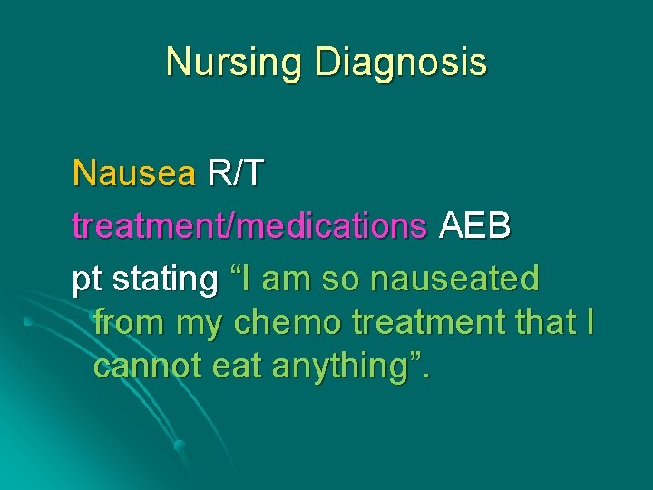 Nursing Diagnosis Nausea R/T treatment/medications AEB pt stating “I am so nauseated from my