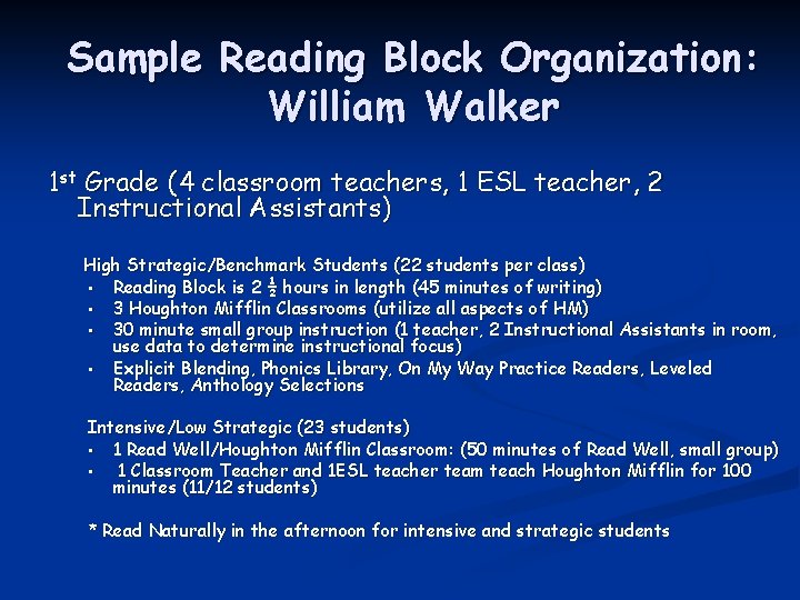 Sample Reading Block Organization: William Walker 1 st Grade (4 classroom teachers, 1 ESL