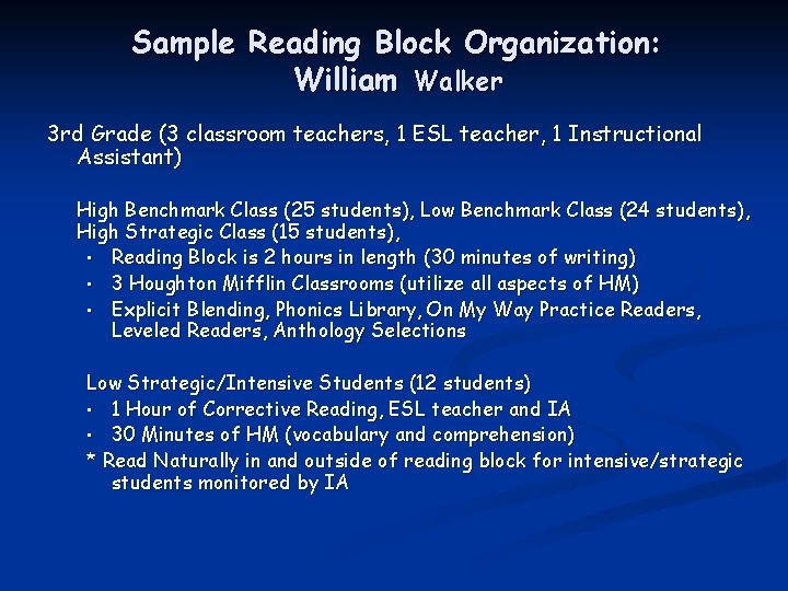 Sample Reading Block Organization: William Walker 3 rd Grade (3 classroom teachers, 1 ESL