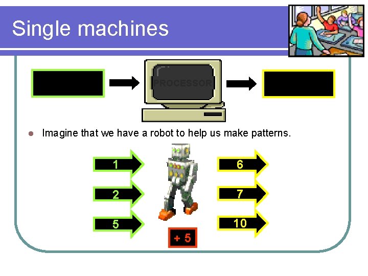 Single machines INPUT l PROCESSOR OUTPUT Imagine that we have a robot to help