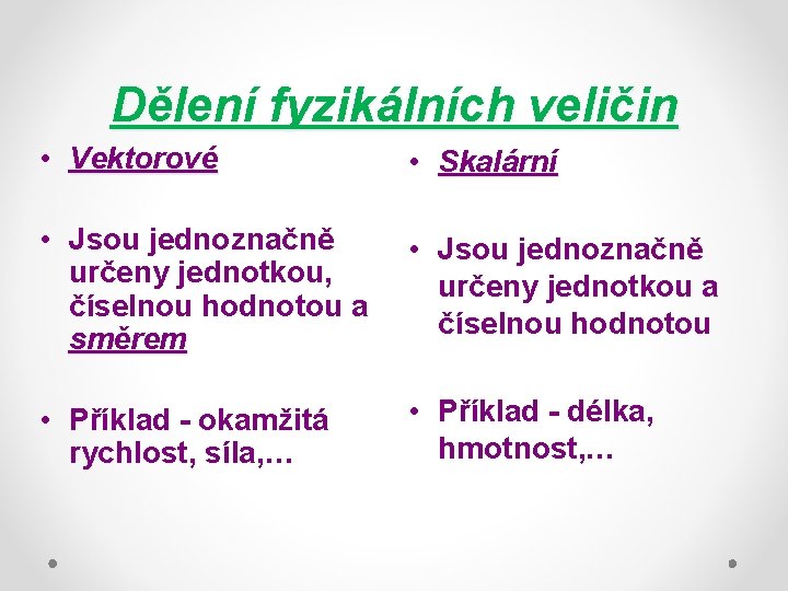 Dělení fyzikálních veličin • Vektorové • Skalární • Jsou jednoznačně určeny jednotkou, číselnou hodnotou