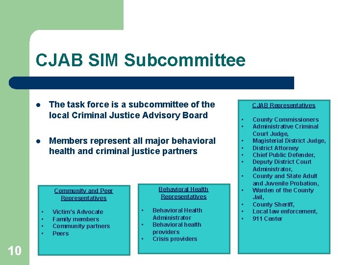 CJAB SIM Subcommittee The task force is a subcommittee of the local Criminal Justice