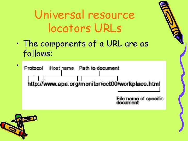 Universal resource locators URLs • The components of a URL are as follows: •