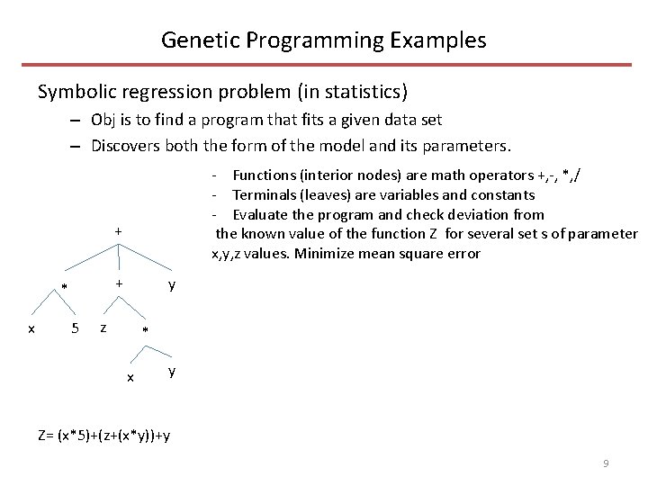 Genetic Programming Examples Symbolic regression problem (in statistics) – Obj is to find a