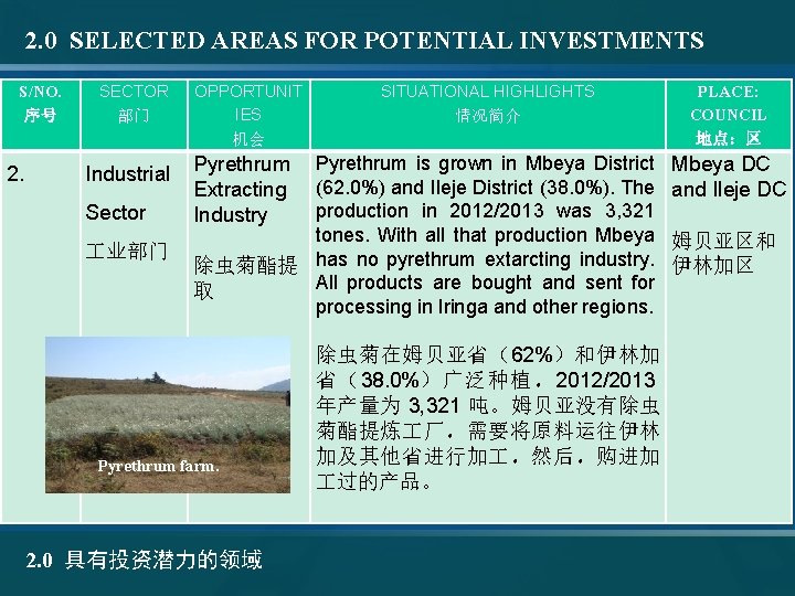 2. 0 SELECTED AREAS FOR POTENTIAL INVESTMENTS S/NO. 序号 2. SECTOR 部门 Industrial Sector