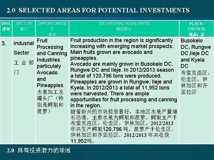 2. 0 SELECTED AREAS FOR POTENTIAL INVESTMENTS S/NO. 序号 3. SECTOR 部门 OPPORTUNITIE S