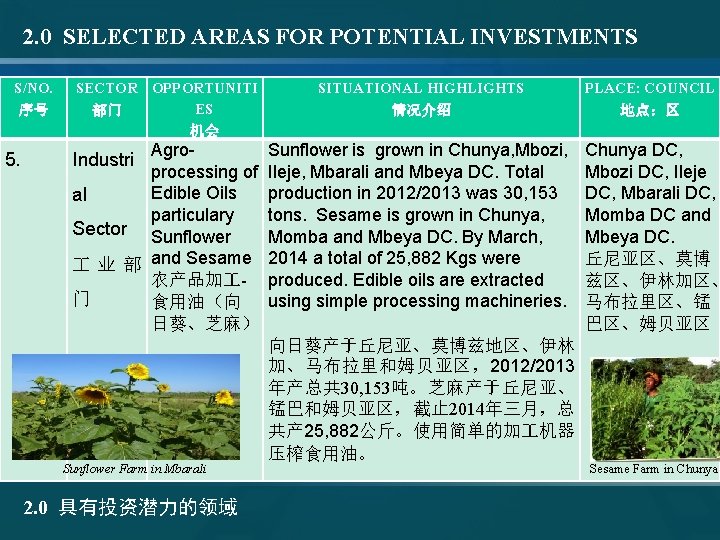 2. 0 SELECTED AREAS FOR POTENTIAL INVESTMENTS S/NO. 序号 5. SECTOR OPPORTUNITI ES 部门