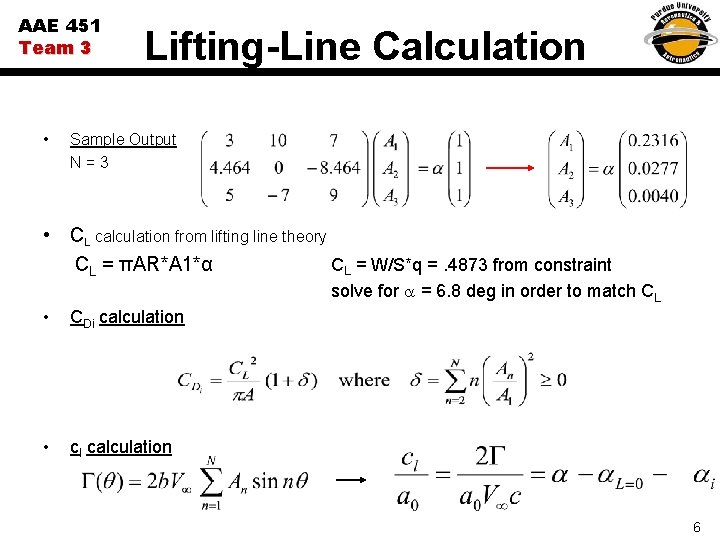 AAE 451 Team 3 • Lifting-Line Calculation Sample Output N=3 • CL calculation from