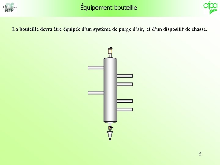 Équipement bouteille La bouteille devra être équipée d’un système de purge d’air, et d’un