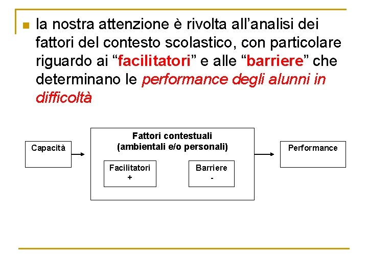 n la nostra attenzione è rivolta all’analisi dei fattori del contesto scolastico, con particolare