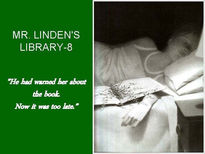 MR. LINDEN'S LIBRARY-8 ”He had warned her about the book. Now it was too