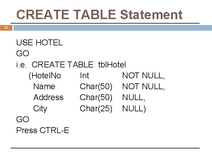 CREATE TABLE Statement 12 USE HOTEL GO i. e. CREATE TABLE tbl. Hotel (Hotel.