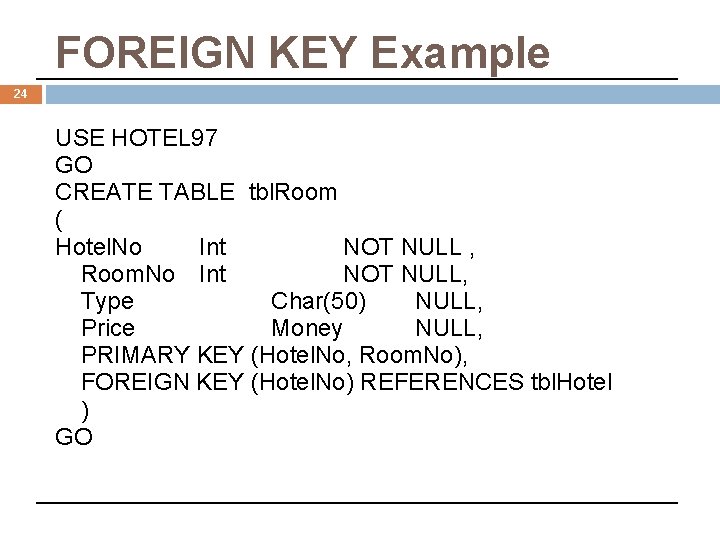 FOREIGN KEY Example 24 USE HOTEL 97 GO CREATE TABLE tbl. Room ( Hotel.