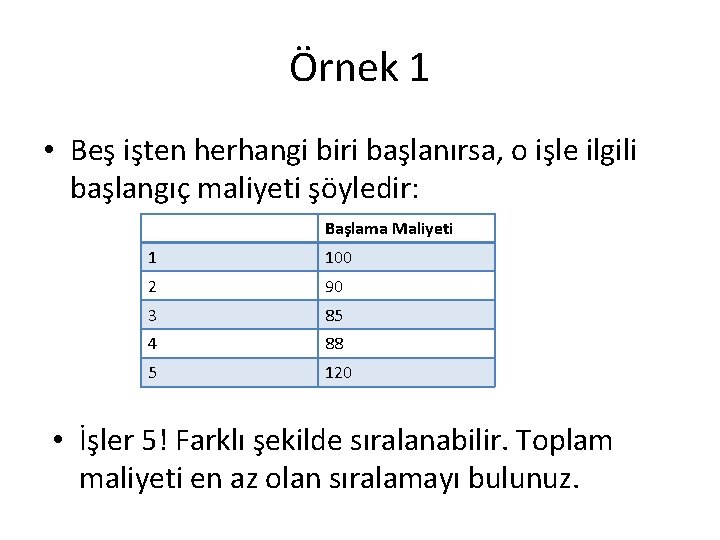 Örnek 1 • Beş işten herhangi biri başlanırsa, o işle ilgili başlangıç maliyeti şöyledir: