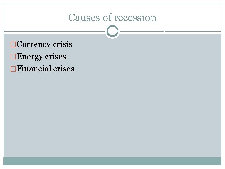 Causes of recession �Currency crisis �Energy crises �Financial crises 