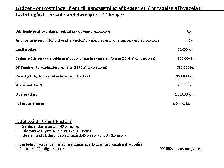 Budget - omkostninger frem til igangsætning af byggeriet / optagelse af byggelån Lystoftegård -