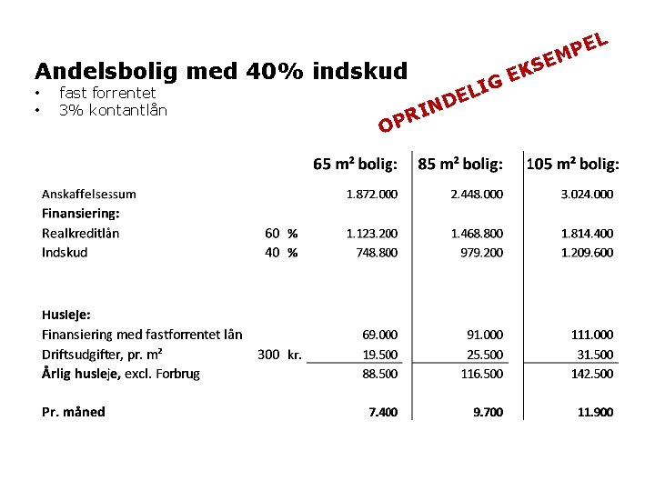 E Andelsbolig med 40% indskud • • fast forrentet 3% kontantlån IN R OP