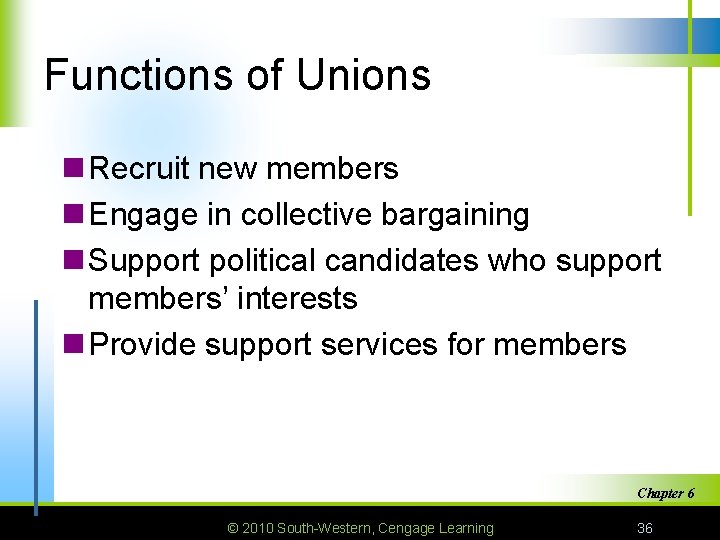 Functions of Unions n Recruit new members n Engage in collective bargaining n Support