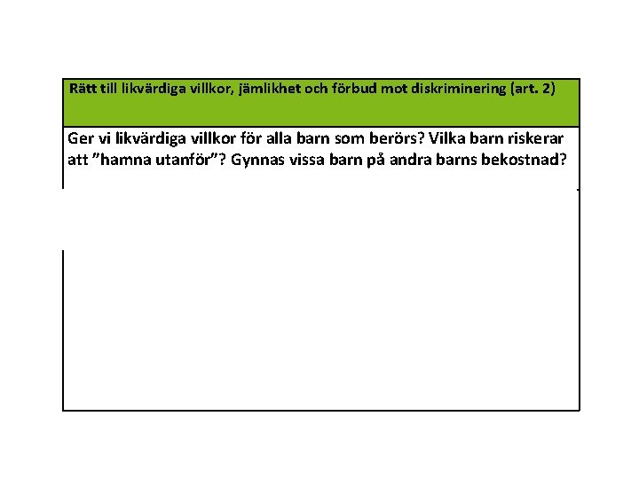 Rätt till likvärdiga villkor, jämlikhet och förbud mot diskriminering (art. 2) Ger vi likvärdiga