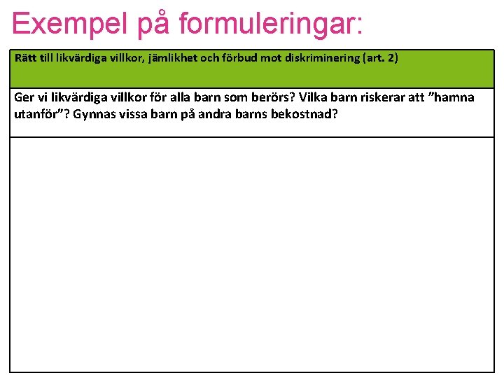 Exempel på formuleringar: Rätt till likvärdiga villkor, jämlikhet och förbud mot diskriminering (art. 2)